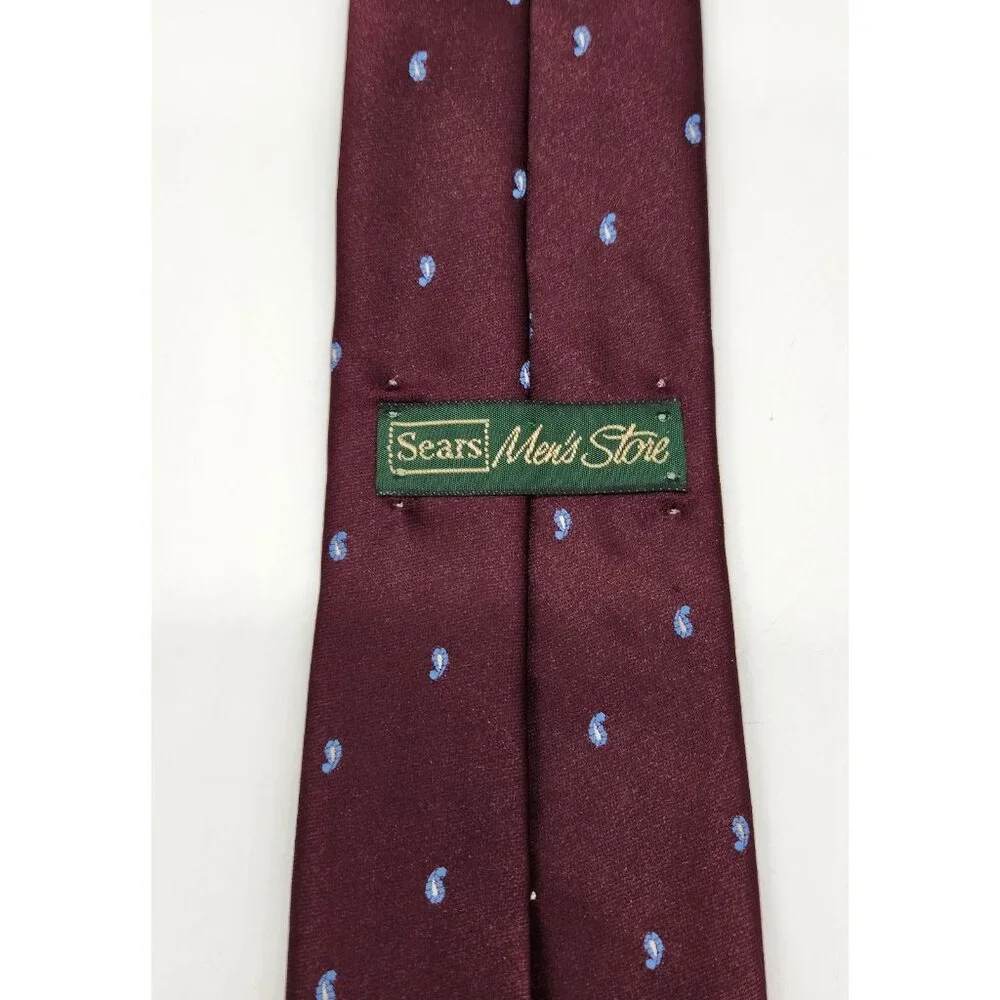 Vintage Sears The Mens‎ Store Tie Maroon and Light Blue Paisley Polka Dots EUC